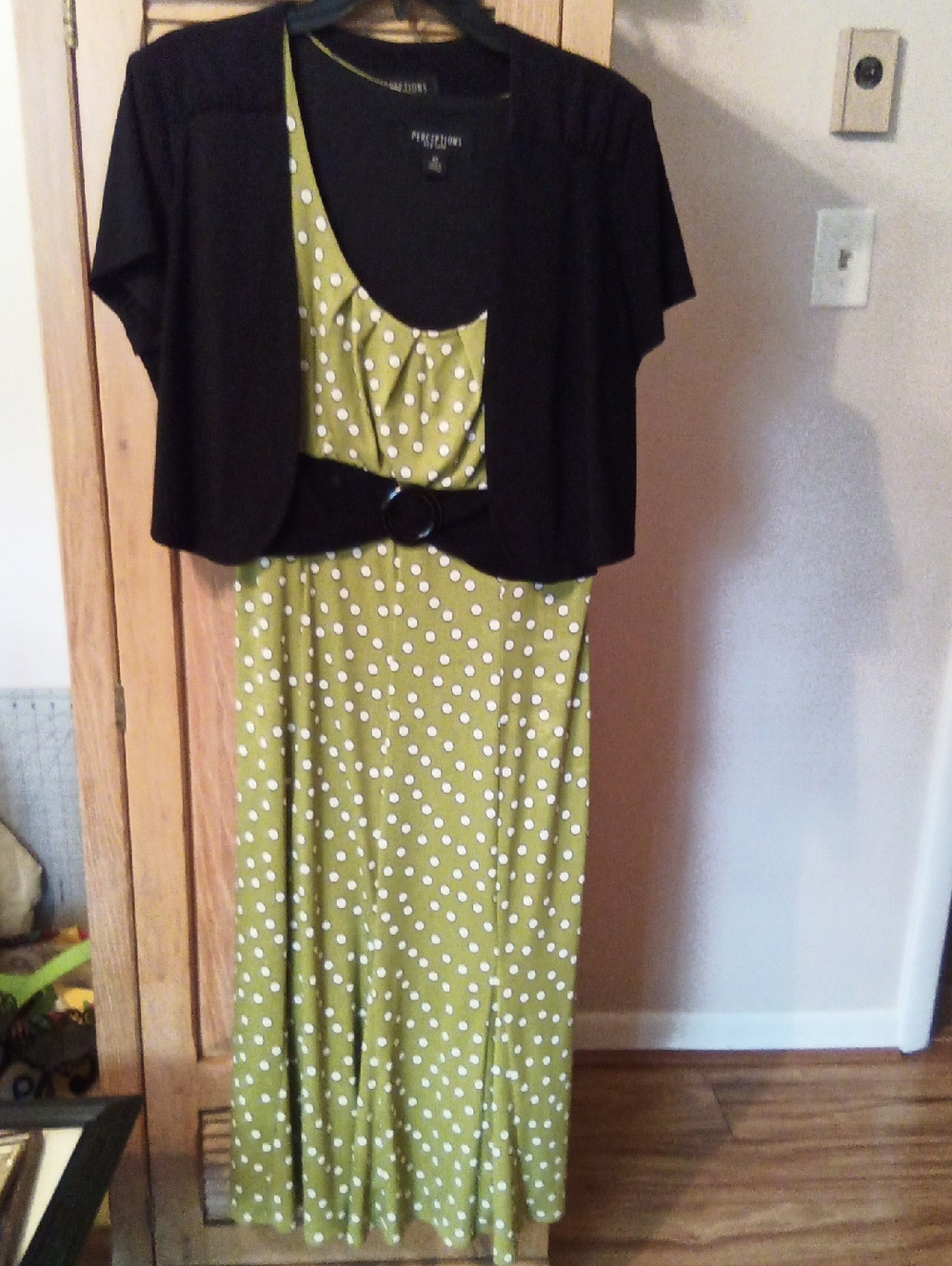 Perceptions Olive Green Polka Dot Maxi Dress with Black Bolero Accent